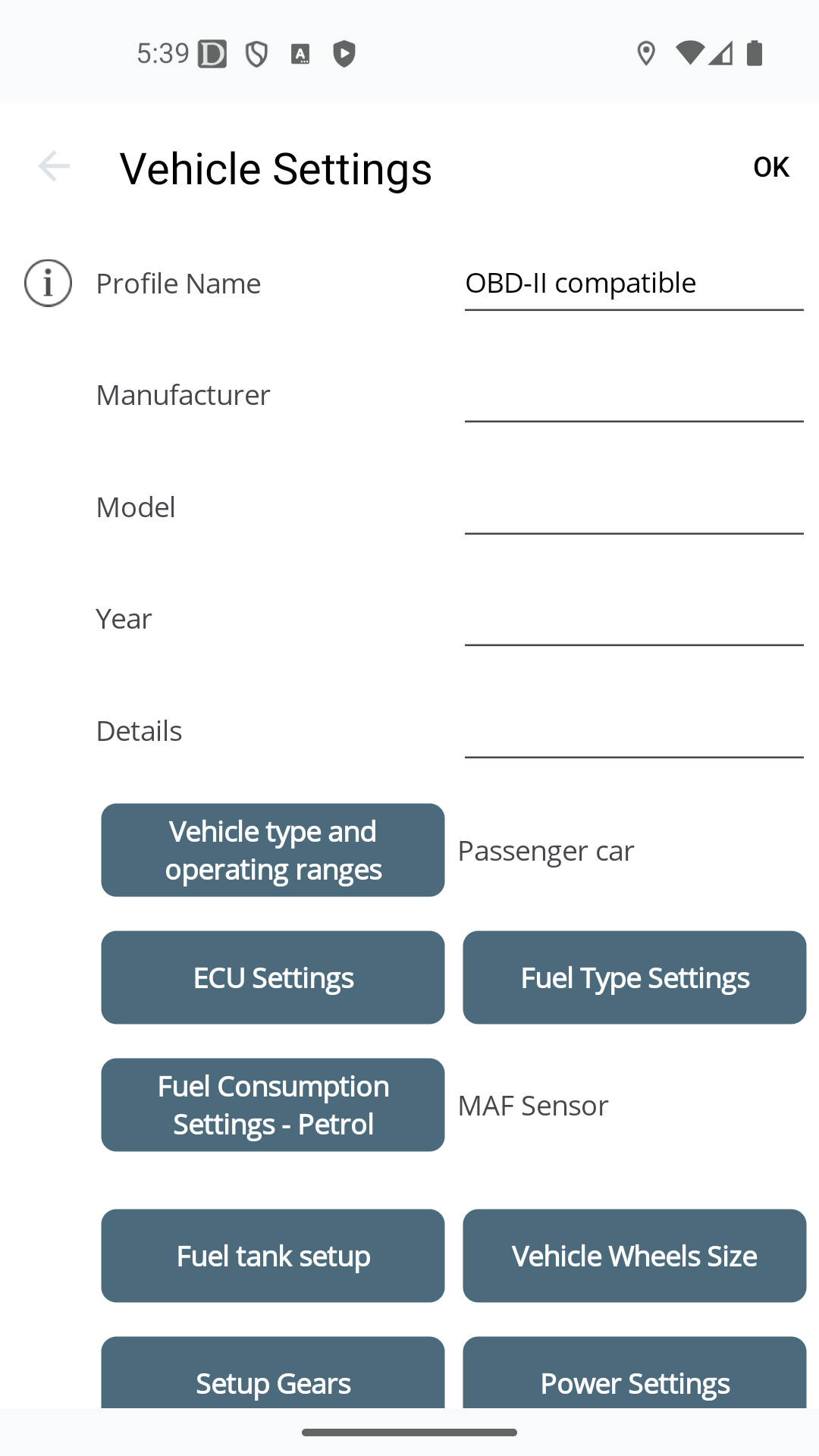 Vehicle settings on Android